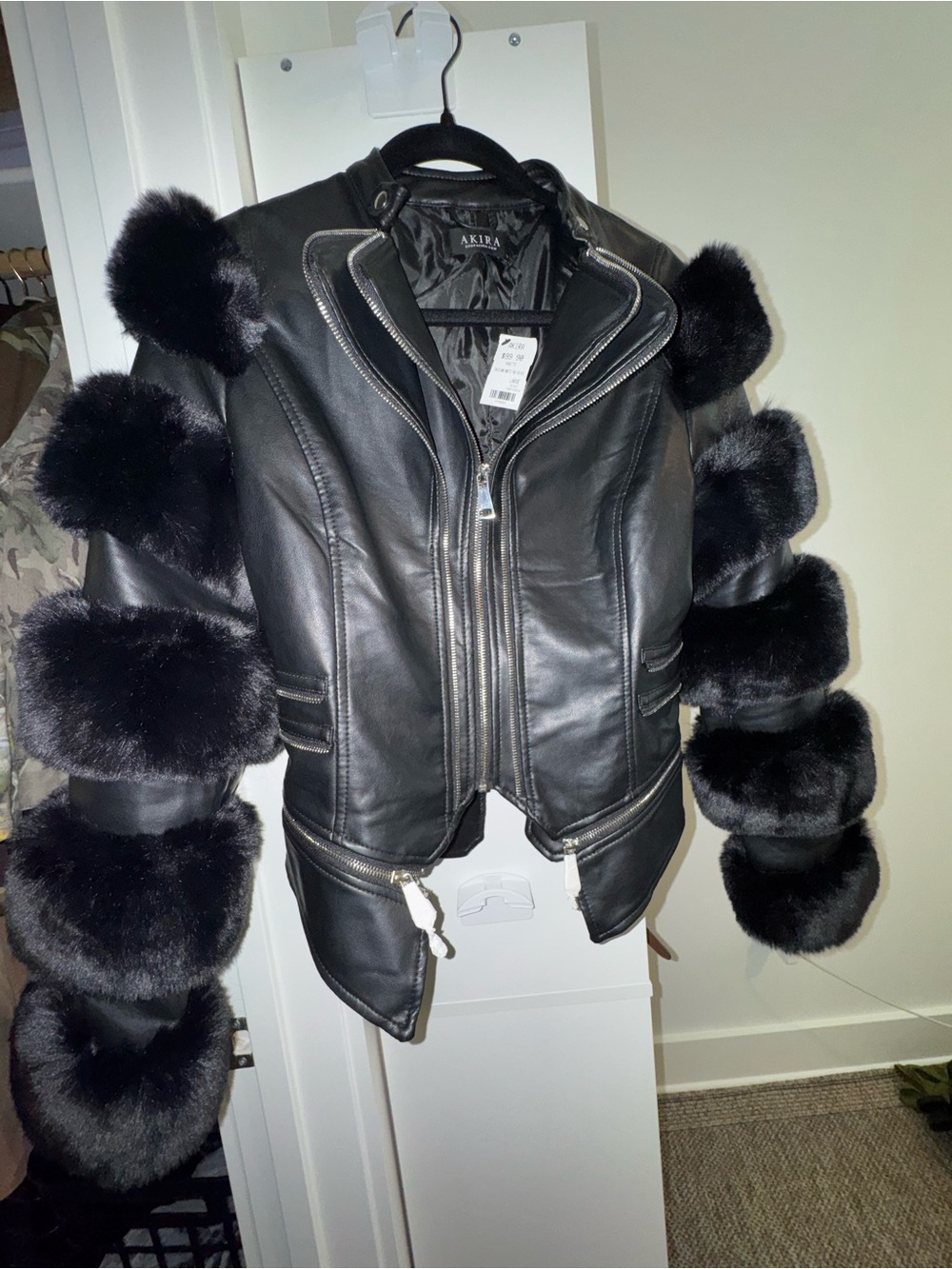 AKIRA x Azalea Wang Black Leather Moto Jacket with Plush Fur-Trimmed Sleeves